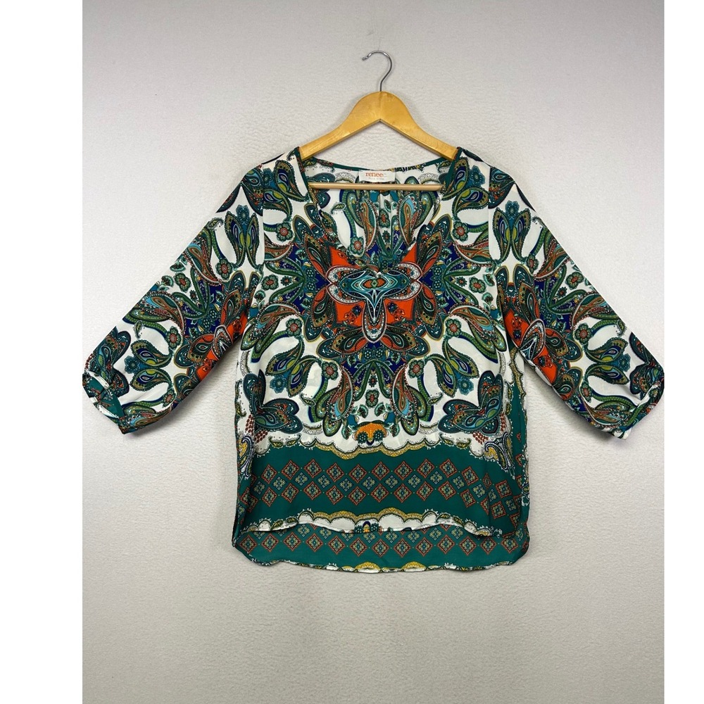 Boho Paisley Renee C. Womens Med Green Orange 3/4 Sleeve V-Neck Blouse 1236TPR